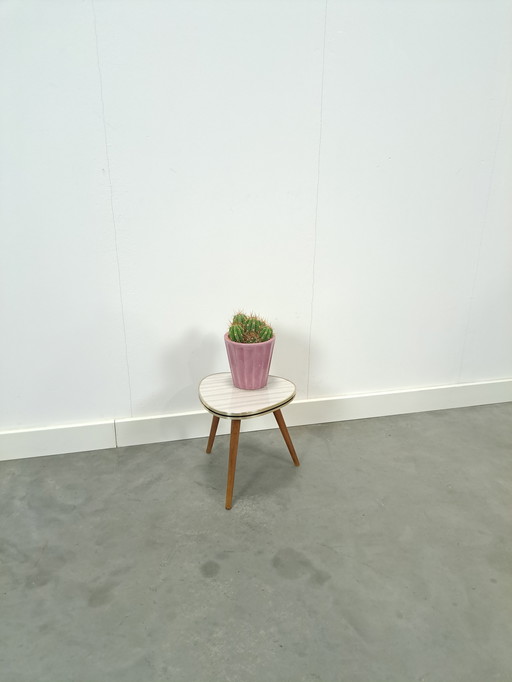 Vintage Side Table With White Gray Striped Top, Plant Table No. 22