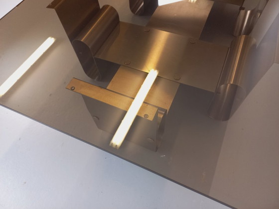 Image 1 of Large rectangular coffee table by François Monnet, vintage Space Age style, in steel and smoked glass from the 1970s
