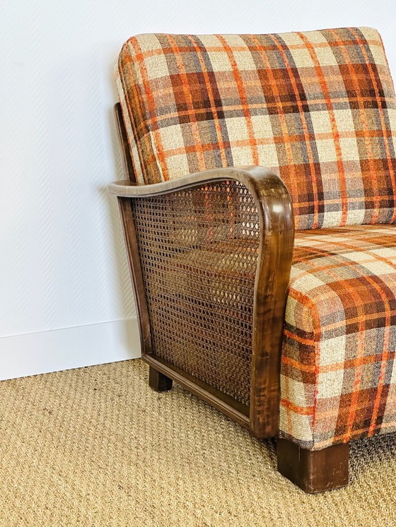 Image 1 of Vintage fauteuil van gebogen hout, rieten frame en geruite stof, 1960