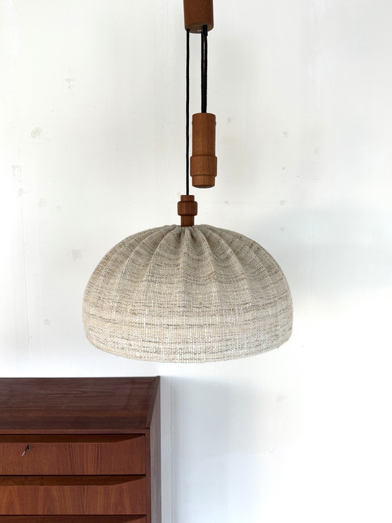 Image 1 of Vintage XL teak & wool pendant lamp, Domus '70