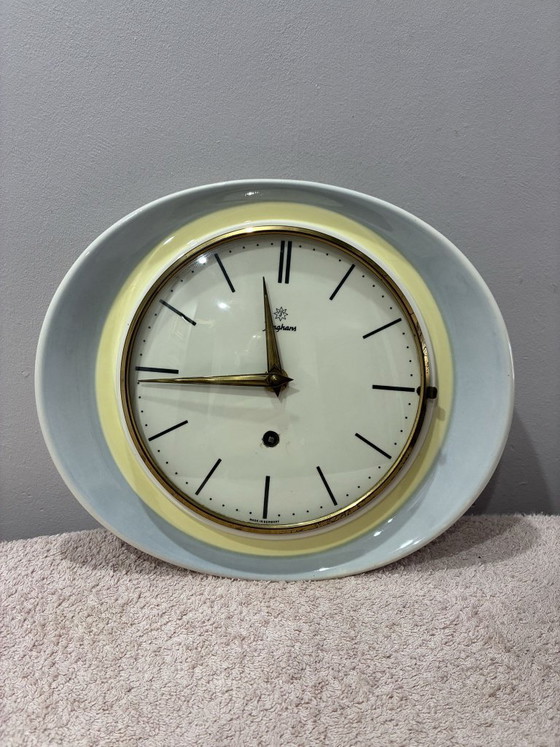 Orologio da parete in ceramica Junghans, Germania anni '50, Vetro, Blu, Mid Century Modern (foto 2 di 6)