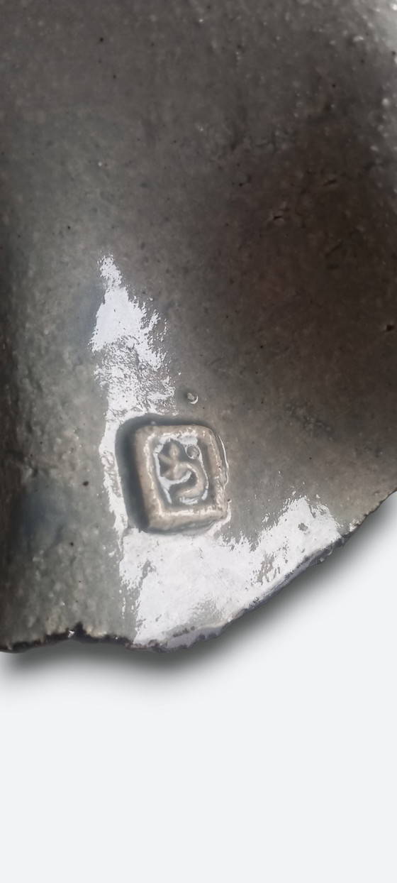 Image 1 of Studio ceramic bowl on foot with organic shape and gray glaze – signed studio mark