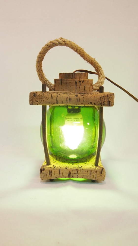 Image 1 of Franse Mid-Century Nautische Lantaarn Tafellamp, Mediterraan Kurk & Gerookt Glas, Jaren 60 Kustontwerp, Vintage Zeedecoratie