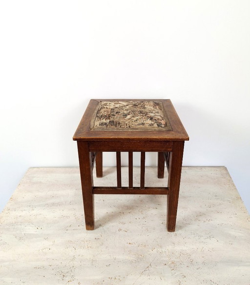 Vintage Wooden Side Chair with Tapestry Top / Mid Century Small Accent Stool from 1960s 1970s / Rustic Plant Stand or Retro Deco