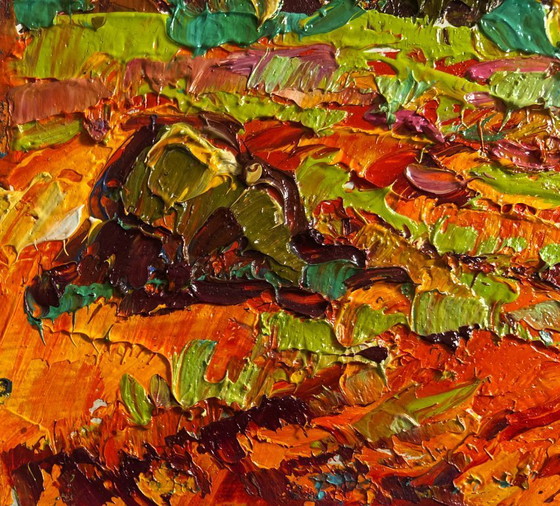 Image 1 of Original Oil Painting Autumn Field Landscape Golden haystacks