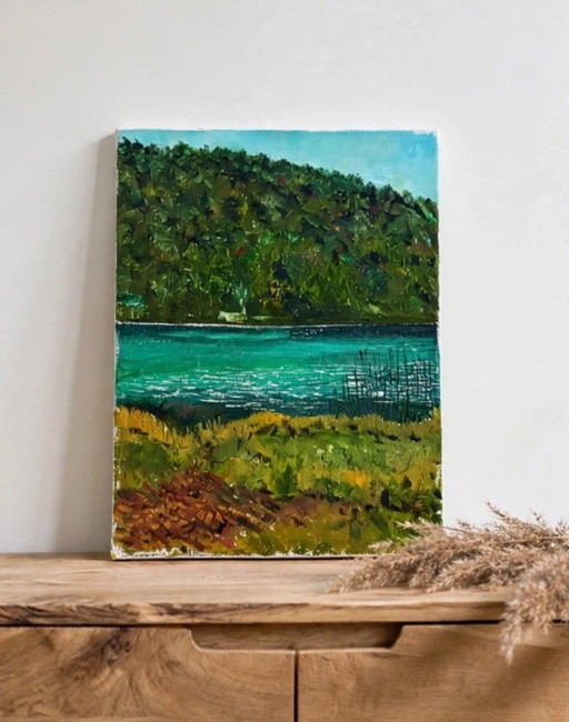 Oil painting on canvas, painted with a palette knife, Lake Ambléon – schilderijen tekeningen