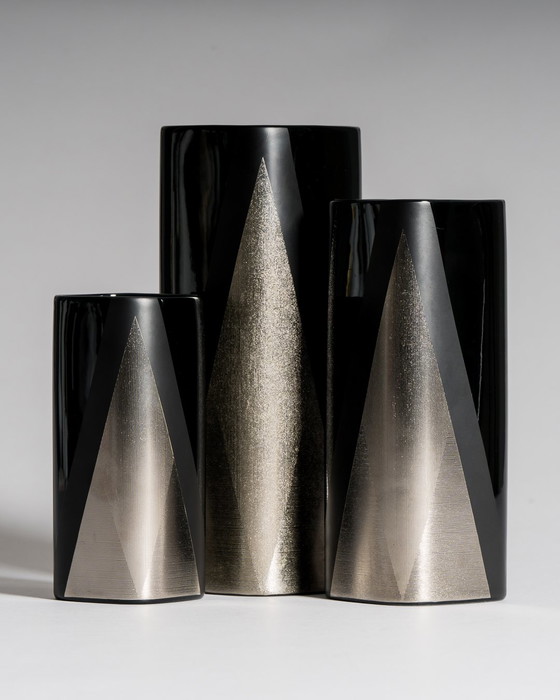 Image 1 of Helmut Drexler for Rosenthal, “Platinnebel” Vase Trio, Porcelaine Noire with Platinum, 1980s