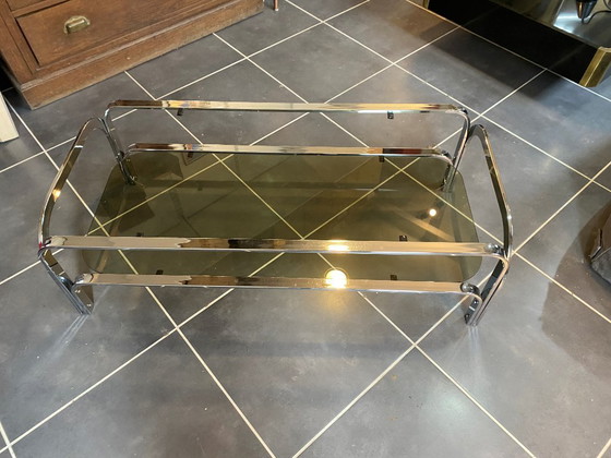 Image 1 of Table basse double plateau verre chrome style Bauhaus vintage 1970