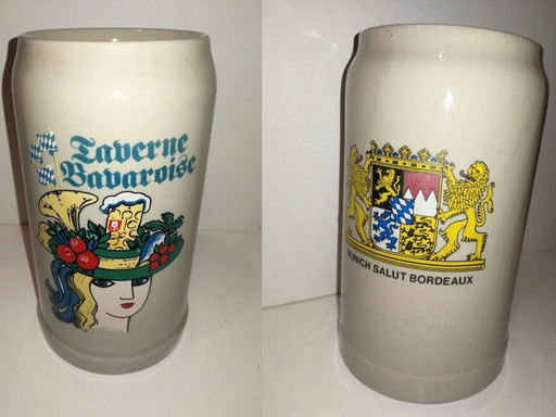Juego de 2 jarras de cerveza vintage "Munich salut Bordeaux" / "La taverne Bavaroise"
