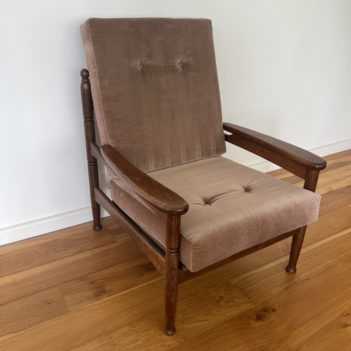 Vintage Oak Armchair with Turned Legs – Mid-Century – fauteuils, Textile, Velvet