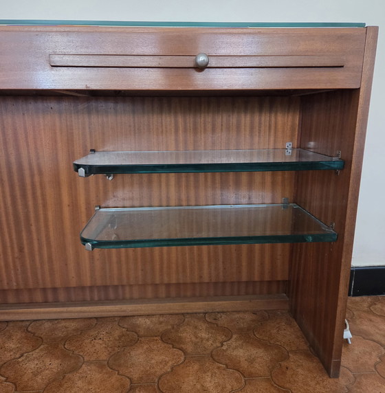 Image 1 of Vintage Italian Modern Credenza with Floating Glass Shelves & Pull-Out Trays