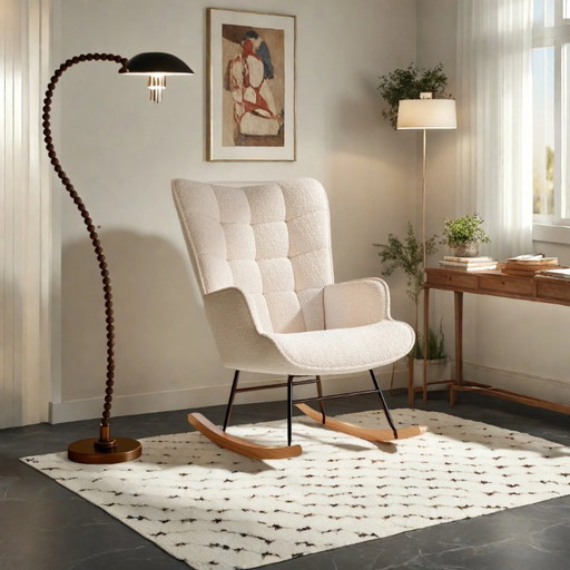 Sedia a dondolo in tessuto morbido Rosahqnda con braccioli e schienali, stile moderno per il soggiorno