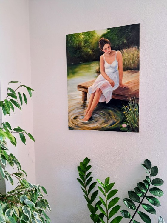 David KANDELAKI - Woman sitting on the pier - Artist's Painting, Paintings & Drawings, Canvas, Other, Green (photo 7 of 11)