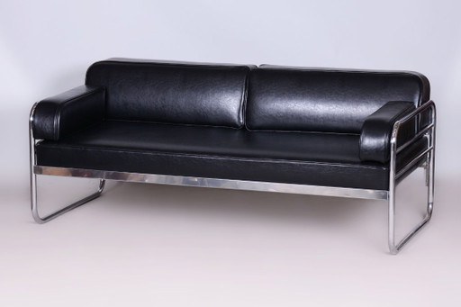 Sofá Bauhaus restaurado, de Vichr a Spol., cromo, cuero, checo, década de 1930. – banken, Leather, Metal