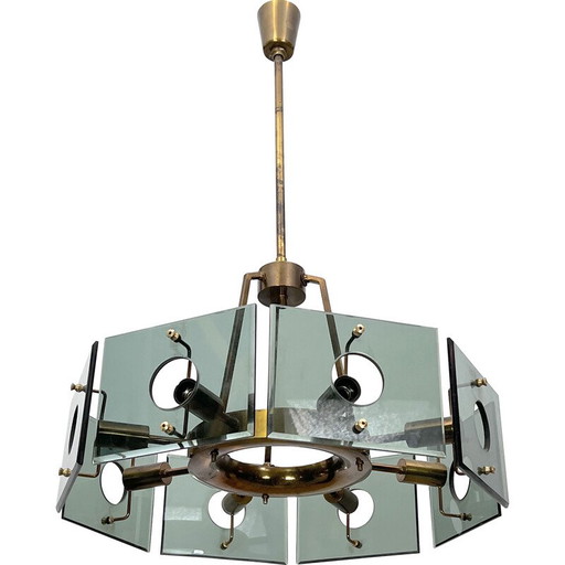 Vintage kroonluchter in messing en rookglas van Gino Paroldo, Italië 1960