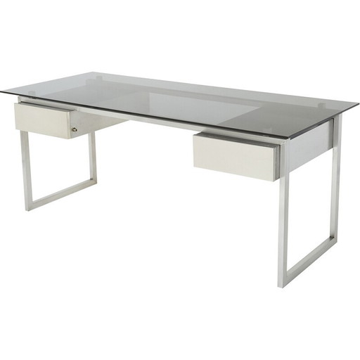 Bureau vintage en acier inoxydable brossé et verre fumé gris par Patrice Maffei pour Kappa, 1970