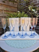 Set Of 8 Vintage Luminarc Azur Champagne Flutes With Original Box – Made In France (Blue Stem)