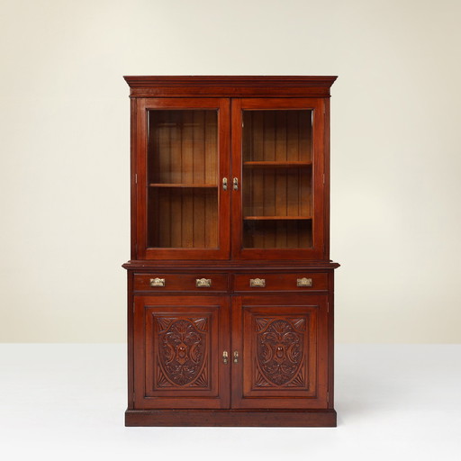 Art Nouveau Display Cabinet or Bookcase in Oak with Carvings and Glass Doors