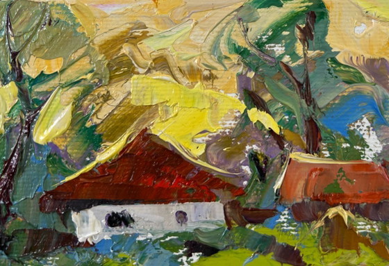Image 1 of Peinture à l'huile originale, paysage de village d'été, murmures du matin