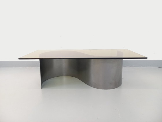 Image 1 of Vintage Space Age rectangular coffee table in steel and smoked glass from the 1970s