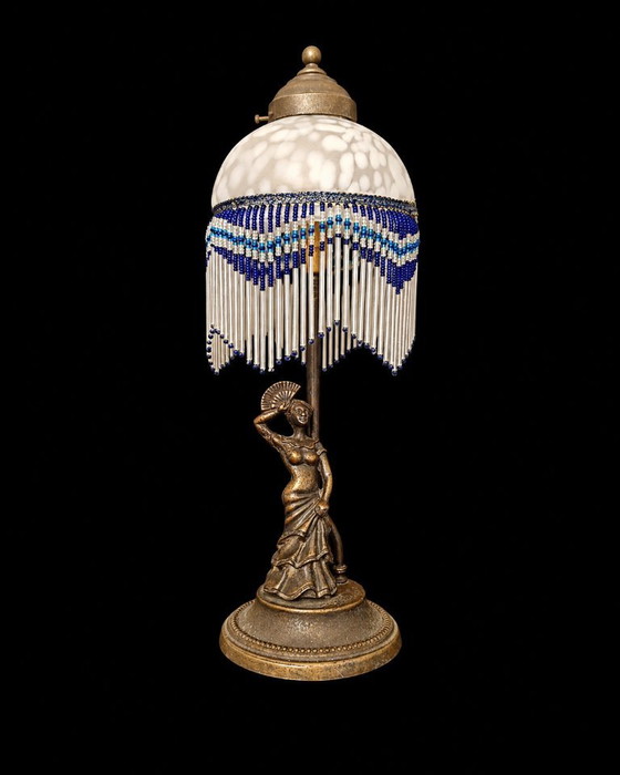 Italiaanse Art Nouveau-stijl Tafellamp met handgeschilderd glas, ca. 1950–1960 Vintage – Tafellampen, Brass (photo 2 of 8)