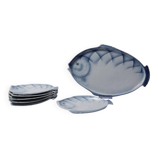 Vintage Fischservice aus tschechoslowakischem Porzellan, 6 Teller und eine Schale.