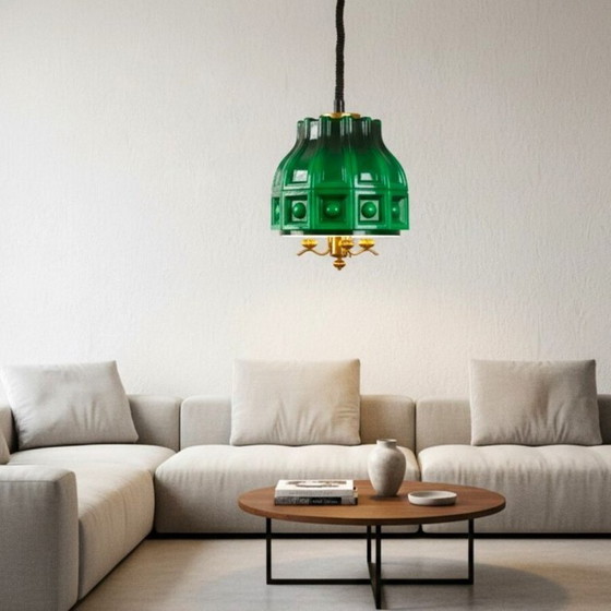 Image 1 of Grote Scandinavische hanglamp met uittrekbare arm, uitgevoerd in groen glas door Helena Tynell voor Flygsfors, jaren 60.