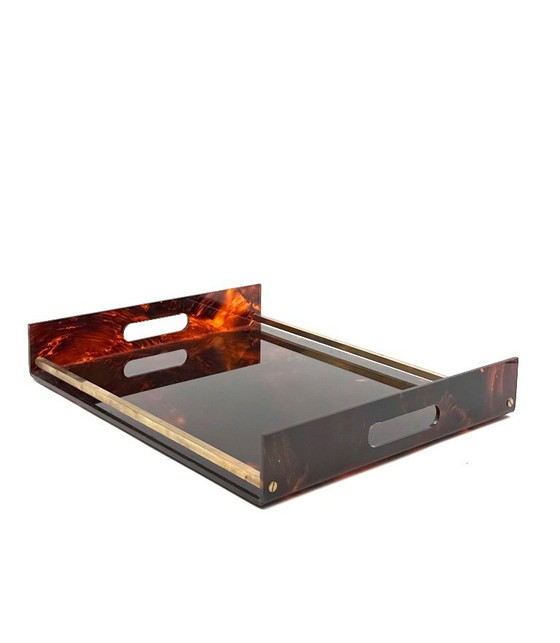 Image 1 of Hollywood Regency dienblad van messing en lucite met schildpadmotief, Italië, jaren 70.