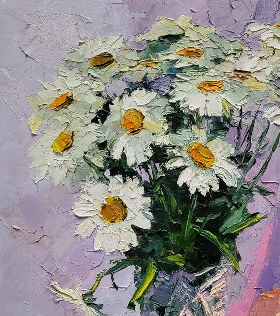 Original Oil Painting Floral Still Life Flowers in a Vase Bouquet of Daisies – Paintings & Drawings, Canvas (photo 4 of 7)