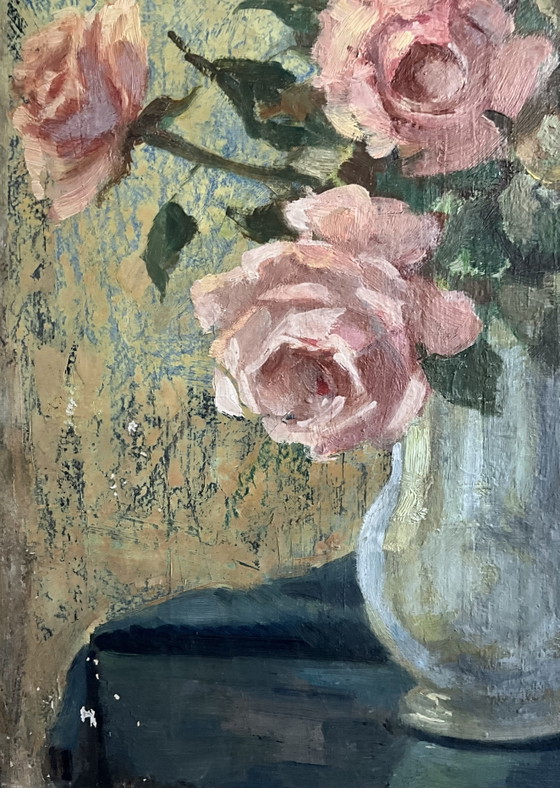 Image 1 of Oil Painting Roses in Vase, Signed Akar ?, Mid Century, Gilt Frame