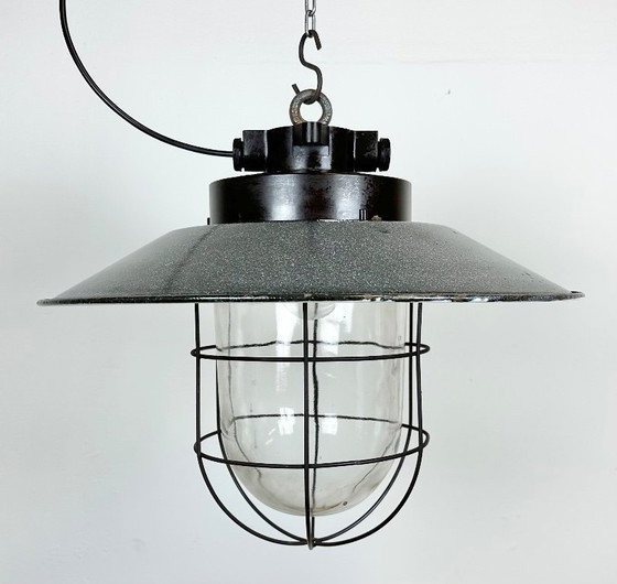 Image 1 of Industrial Grey Enamel Factory Hanging Cage Lamp, 1960s