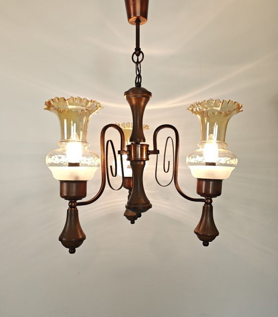 Image 1 of Vintage Amber Glass Chandelier / 1970s Yugoslavia Pendant Light / Mid Century Modern Ceiling Lamp / Wood & Copper Lighting 
