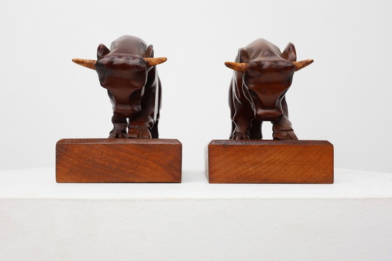 Image 1 of Coppia di fermalibri Art Déco in quercia a forma di toro, Francia, anni '30