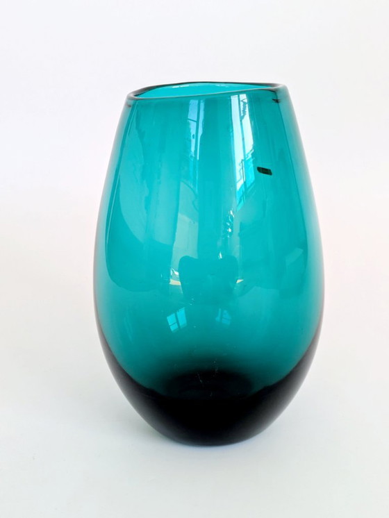 Image 1 of Midcentury Karl Friedrich Glas Mouth-Blown Teal Glass Vase, Votive Holder, 1960s German Art Glass