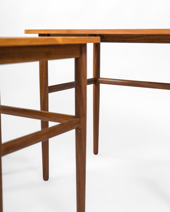 Image 1 of Mid Century Danish Nesting Tables Made Of Teak And Rattan