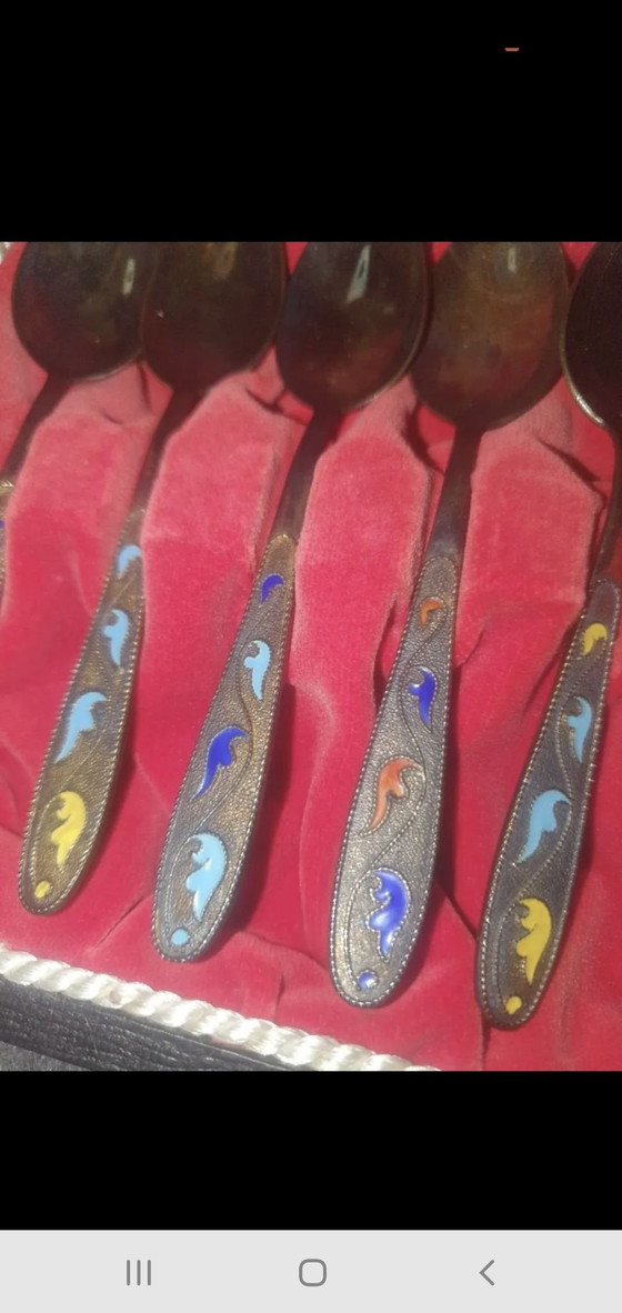 Set of 6 Soviet Silver Cloisonné Enamel Spoons – Tallinn 1968 – Tallinna Juveelivabrik, Cutlery Sets (photo 10 of 13)