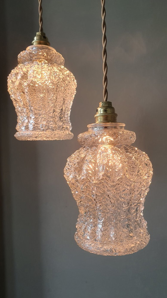 Image 1 of Set Van Twee Vintage Hanglampen Van Dik, Getextureerd Glas