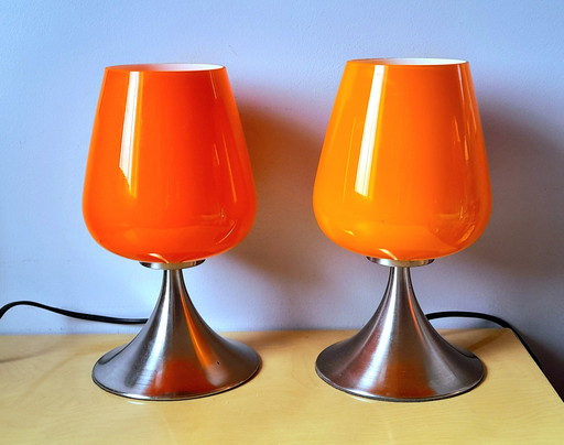 Pair of space age lamps in orange opaline glass and chrome-plated metal