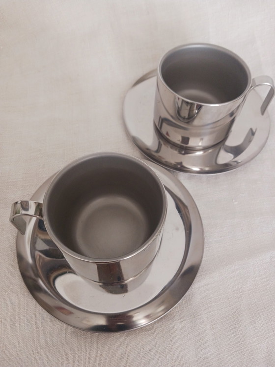 Image 1 of Set Van 4 RVS Espresso en Koffie Kop en Schotel Jaren '80