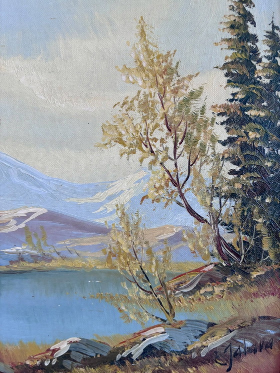 Image 1 of Peinture à l'huile originale vintage représentant un paysage de montagne et de rivière, encadrée