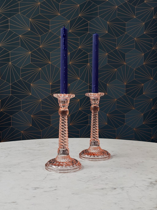 Pair of Art Deco Pink Glass Candlesticks — Pavillons, Belgium, 1920–30s