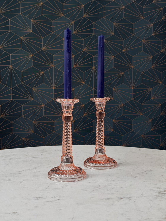 Image 1 of Pair of Art Deco Pink Glass Candlesticks — Pavillons, Belgium, 1920–30s