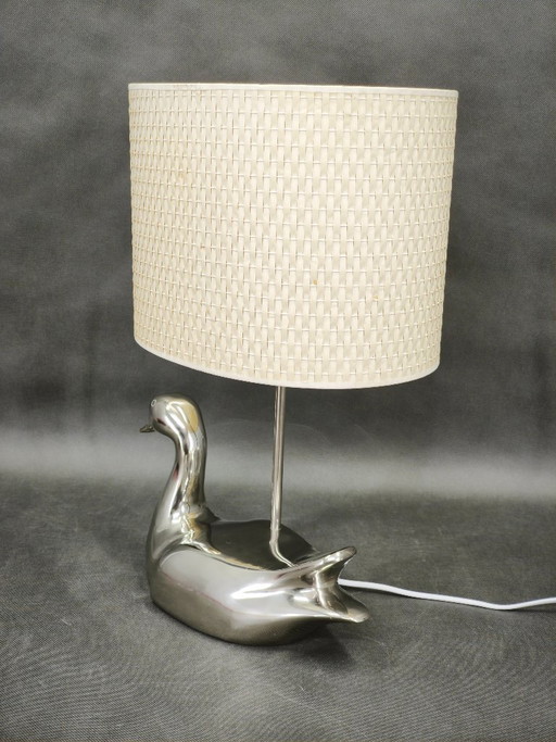 Italian Chrome Duck Table Lamp with Original Shade, 1970s