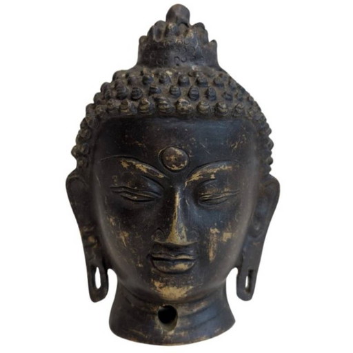 Testa di Buddha antica in bronzo dorato – Himalaya, 096 – beeldhouwkunst, Bronze