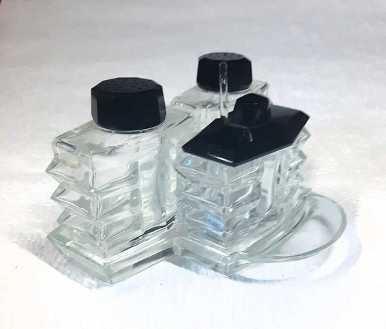 Image 1 of (W002) Set da menage in cristallo di Boemia Art Déco vintage – Dettagli in vetro nero, anni '30