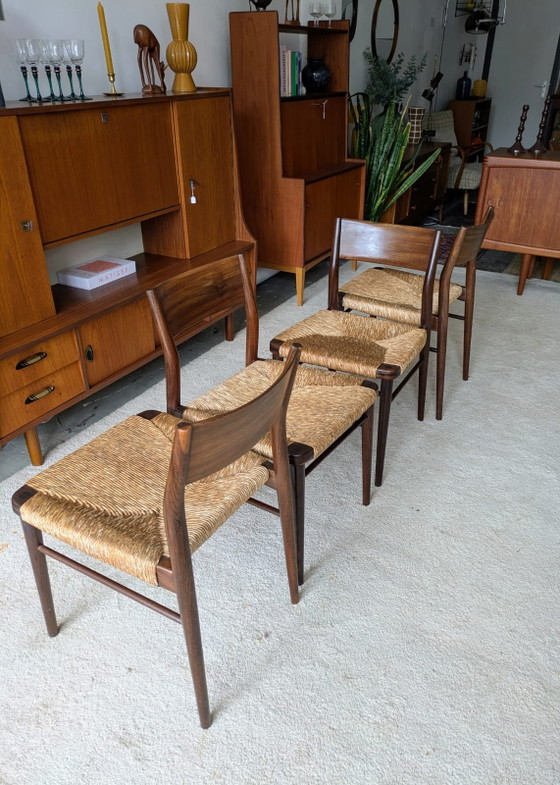 Image 1 of Set vintage di 4 sedie da pranzo in teak e corda di carta, Georg Leowald per Wilkhahn, modello 351