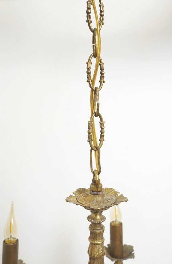 Image 1 of Vintage Franse messing kroonluchter, antieke plafondlamp in rococo-revival Louis XV-stijl met 5 armen en gezichtsmotieven.