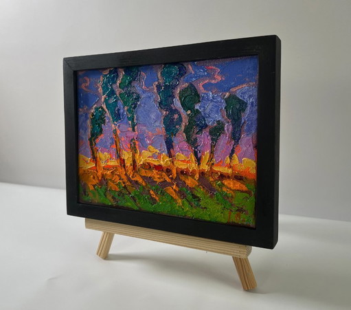 Original Oil Painting Summer Nature Landscape Distant Night
