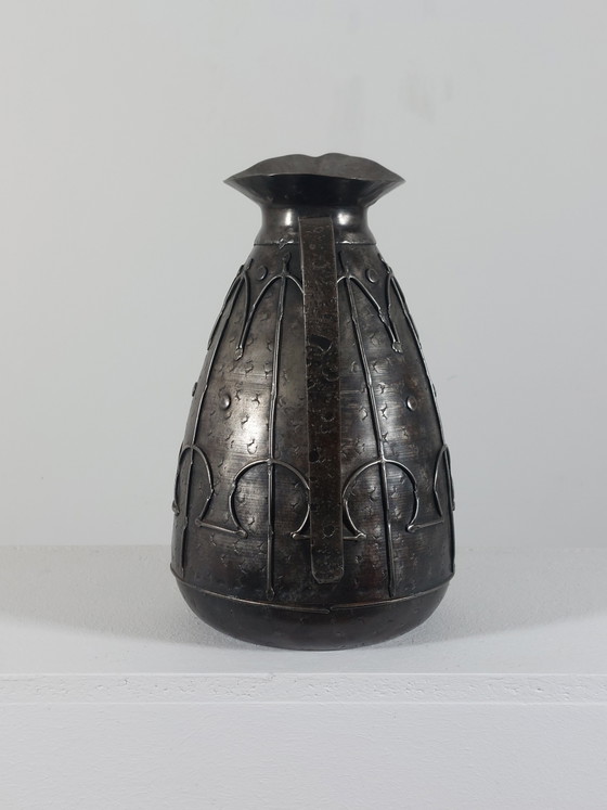 Image 1 of Hand-forged arts and crafts metal jug, carafe, vase, Brutalist style, France