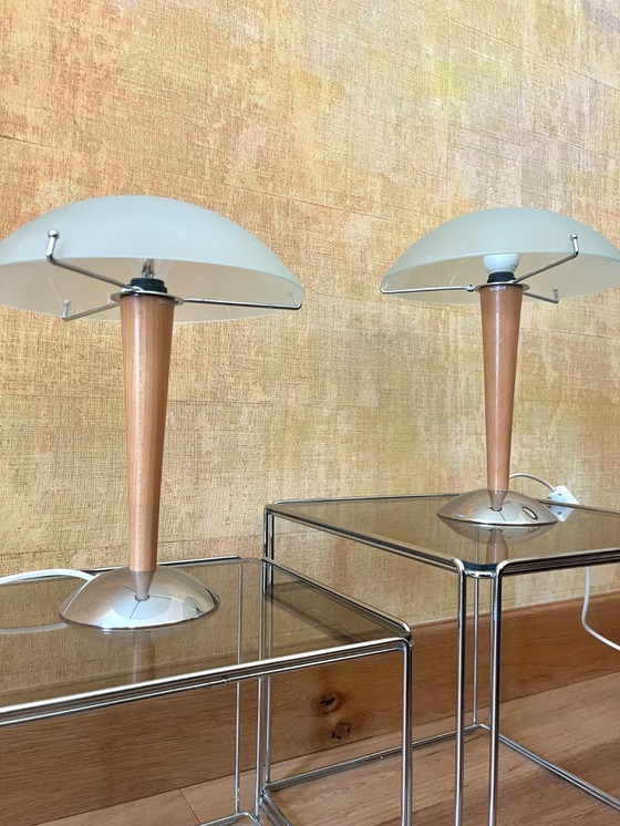 Image 1 of Par de lámparas de mesa Kvintol de Ikea – diseño escandinavo en forma de seta – cristal, madera y cromo